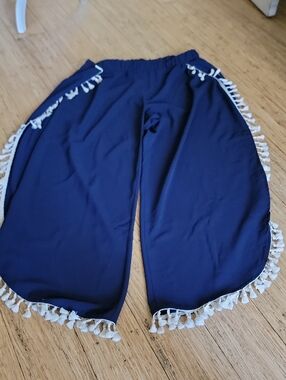 Green Envelope Navy Blue Wide-Leg slit To The Top,  Pants with White Tassel Trim